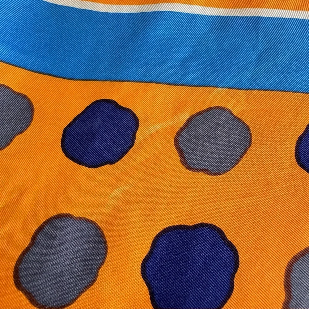 Vintage Yves Saint Laurent Silk‎ Scarf Blue Orange Large Polka Dot Geometric Mod